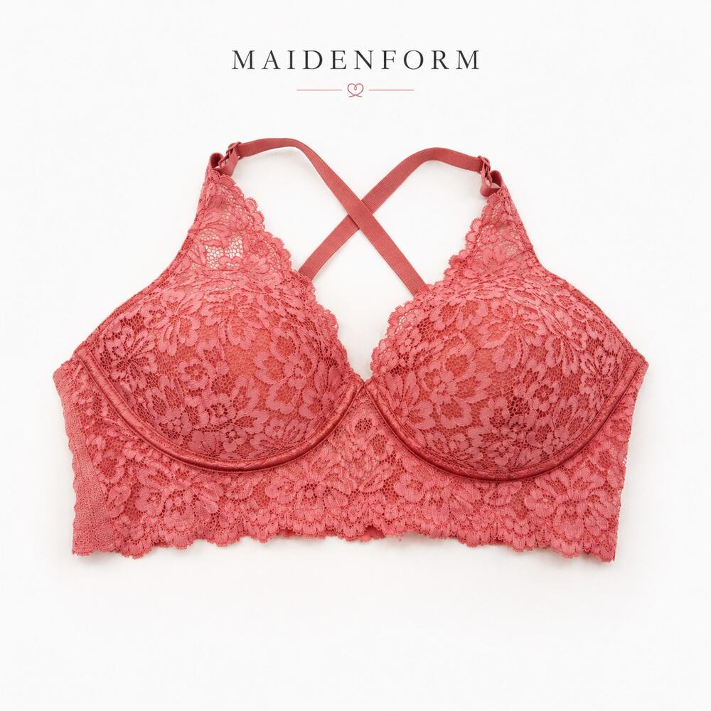 Maidenform Coral Lace Longline Bralette 38C Convertible Straps Pink Floral